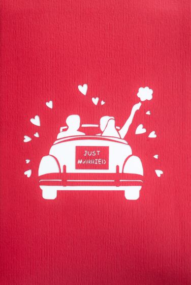3D pop-up card wedding couple in car red