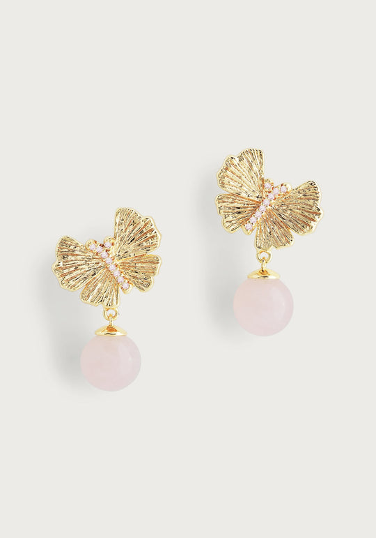 Butterfly With Rose Quartz Drop Earring