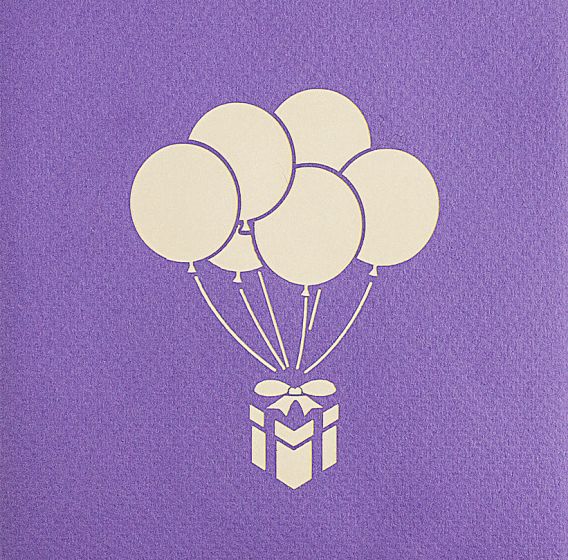 3D pop-up card, colorful balloons, purple