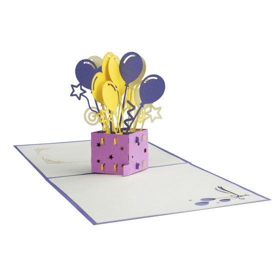 3D pop-up card, colorful balloons, purple