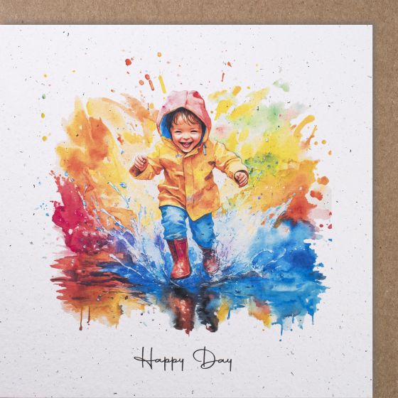 Handmade Paper Card Child in a Puddle