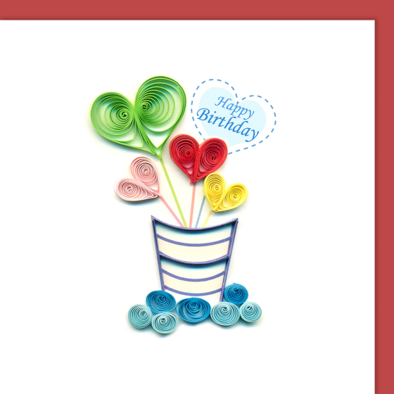 Quilling card, small bouquet with hearts, Happy Birthday