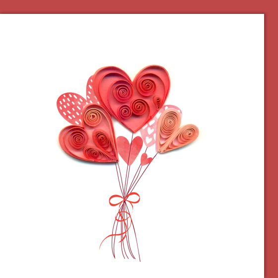 Quilling card, small, heart-shaped balloons, red