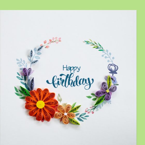Quilling card, small floral circle - Happy Birthday