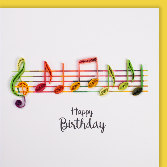 Quilling card, small musical staff, Happy Birthday