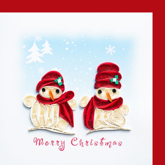 Quilling card, small snowmen with scarves Merry Christmas