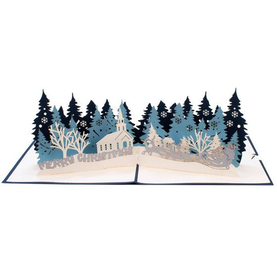 3D Pop-up Card Santa in the Forest Merry Christmas Blue