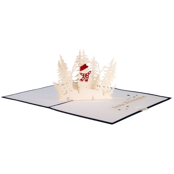 3D pop-up card Snowman in the forest blue Merry Christmas