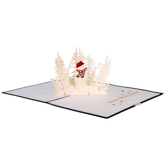 3D pop-up card Snowman in the forest blue Merry Christmas