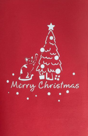 3D pop-up card, Christmas tree with cat, Merry Christmas, red