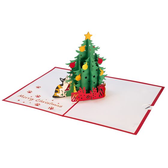 3D pop-up card, Christmas tree with cat, Merry Christmas, red