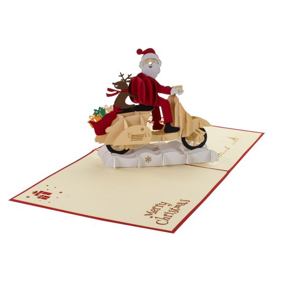 3D pop-up card Santa on Vespa red Merry Christmas