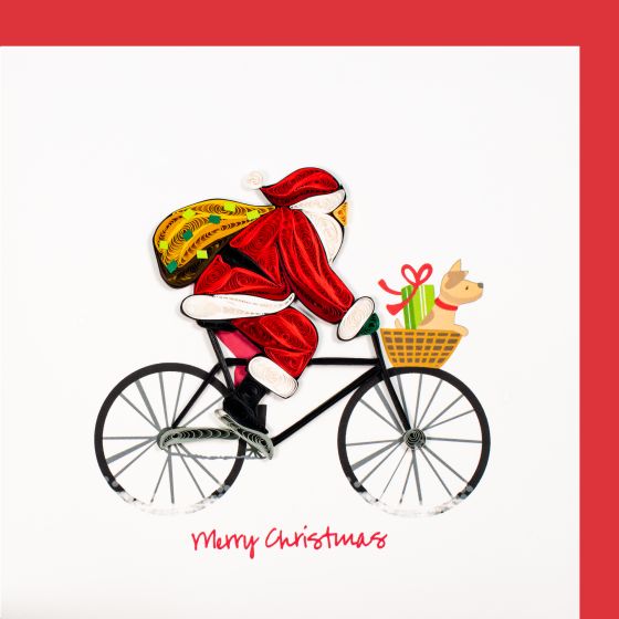 Quilling card Santa Claus on a bicycle Merry Christmas
