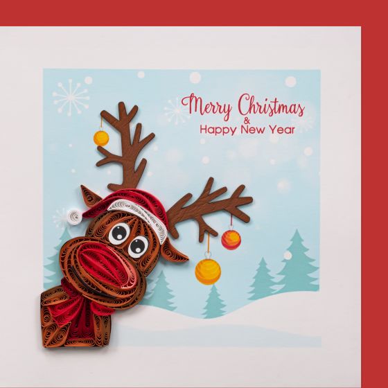 Quilling card: Reindeer with baubles, Merry Christmas