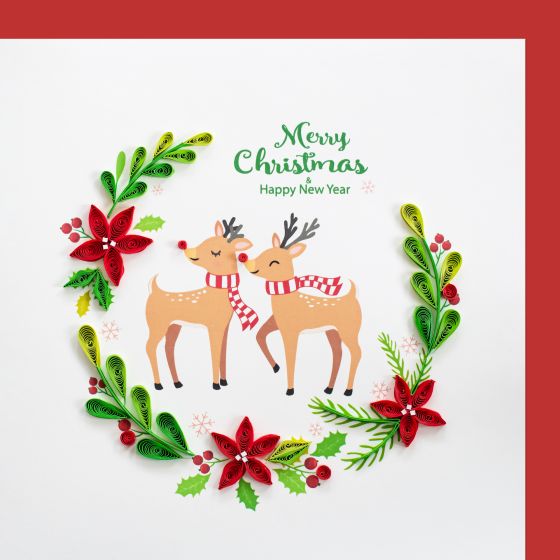Quilling card: Reindeer in a Christmas wreath. Merry Christmas!