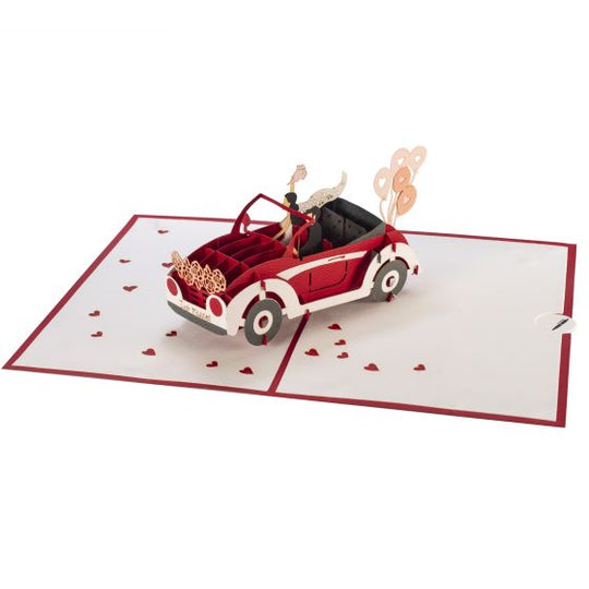 3D pop-up card wedding couple in car red